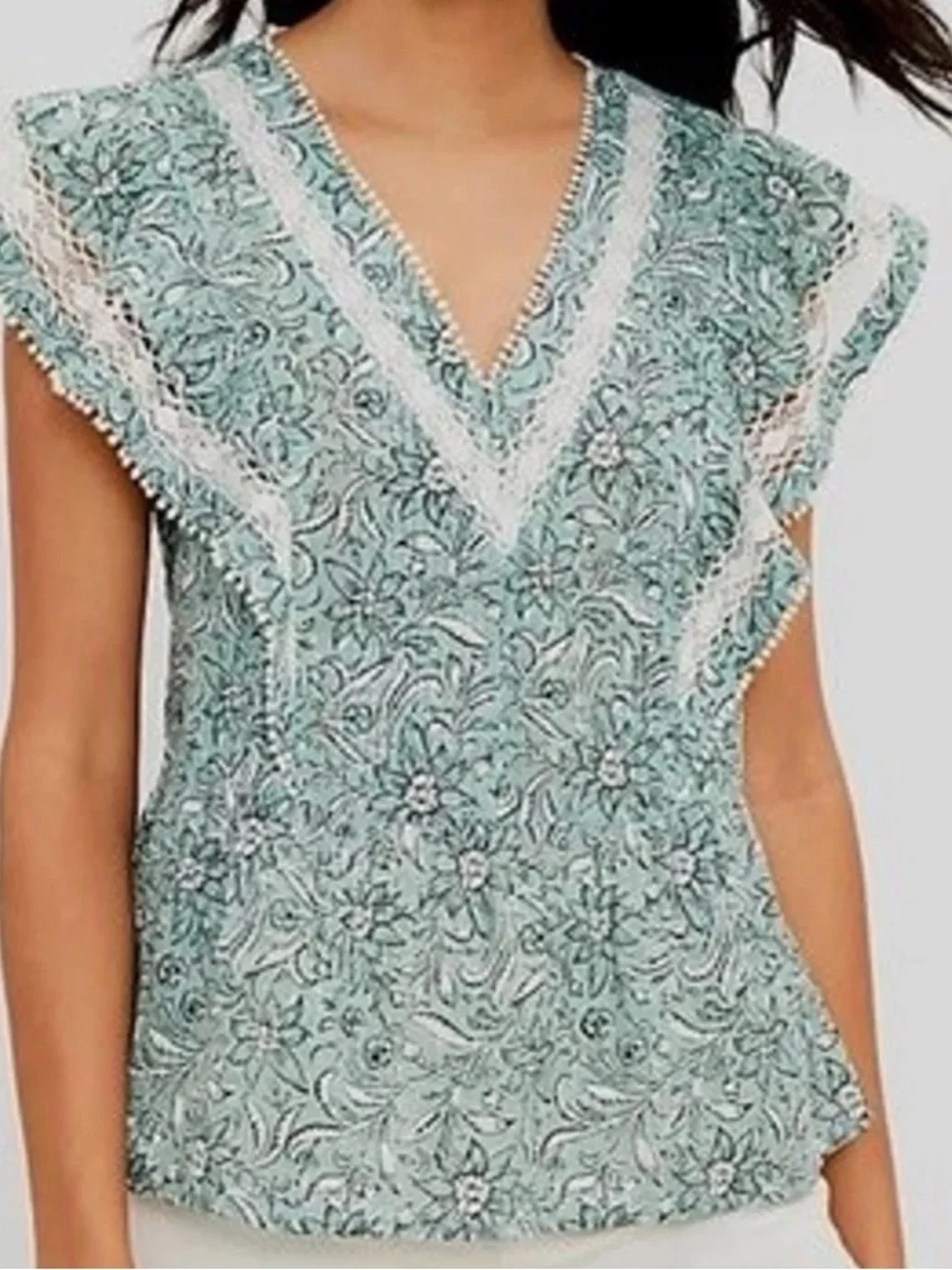 LOFT Mint Green Floral Lace-Trim V-Neck Blouse - Picture 3 of 7